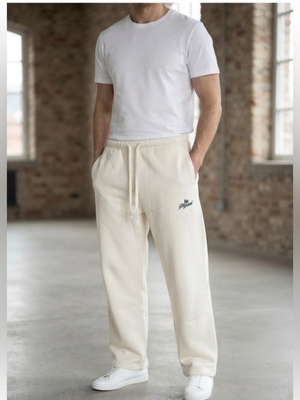 100 Thieves Jogger Mens Large Ivory cream Fleece Sweatpants Drawstring USA